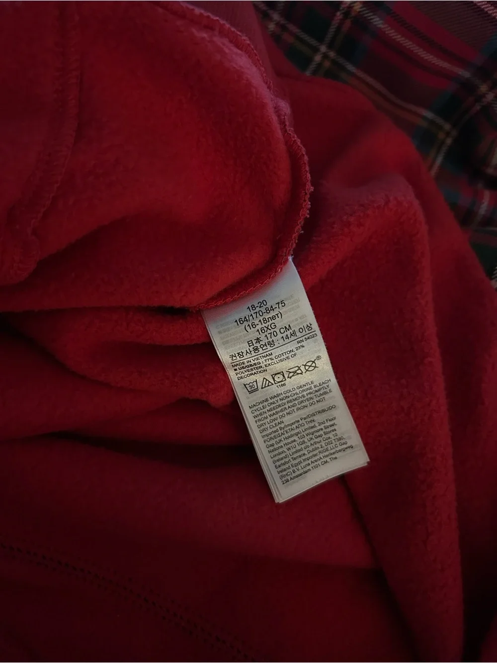 GAP Teen size 18-20 Red Plaid Hooded Sweatshirt